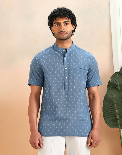 Blue Cotton Slim Fit Mid Placket Shirt - Image 4