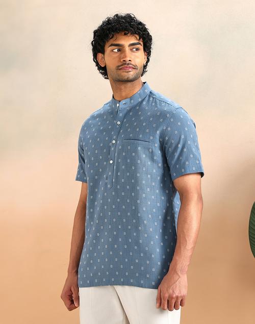 Blue Cotton Slim Fit Mid Placket Shirt - Image 3