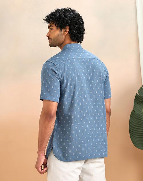 Blue Cotton Slim Fit Mid Placket Shirt - Image 2