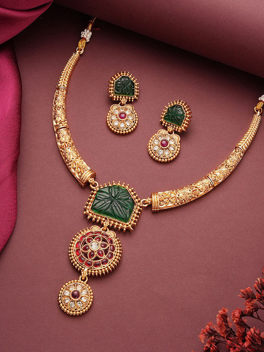 Gold-Plated American Diamond Stones Studded Necklace & Earrings