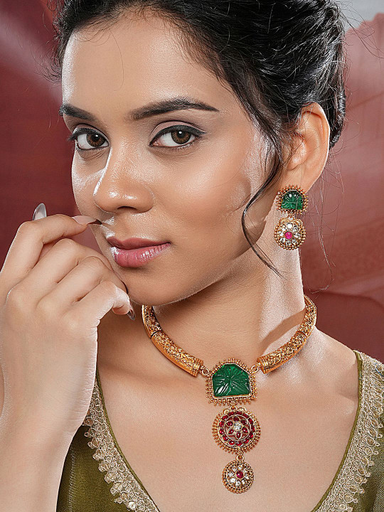 Gold-Plated American Diamond Stones Studded Necklace & Earrings - Image 2