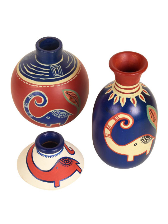 3 Pcs Red & Blue Printed Terracotta Vases - Image 2