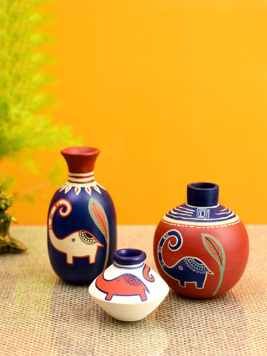 3 Pcs Red & Blue Printed Terracotta Vases